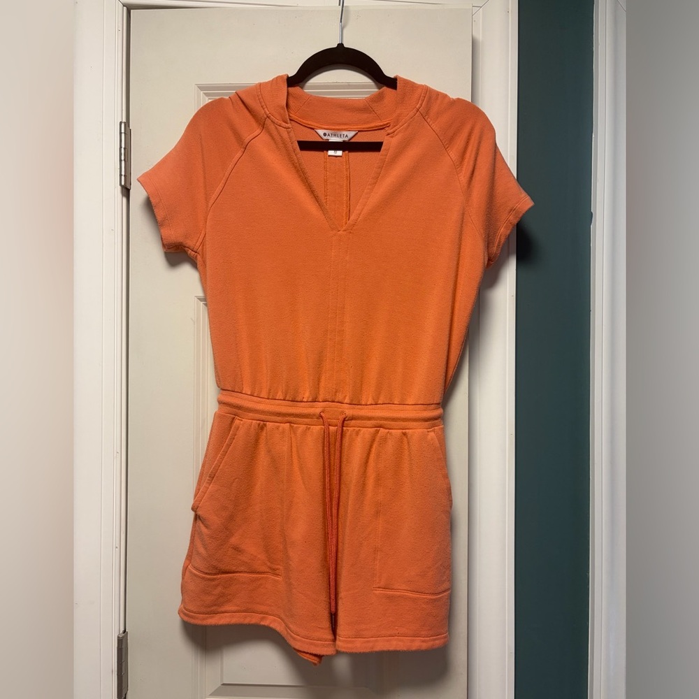 Athleta Orange V-Neck Terry Romper with Drawstring Waist